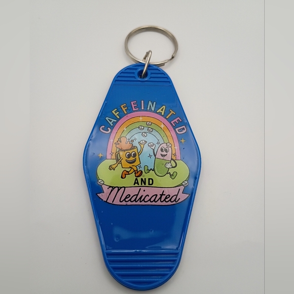 Blue Caffeinated and Medicated Motel Keychain - Picture 1 of 2